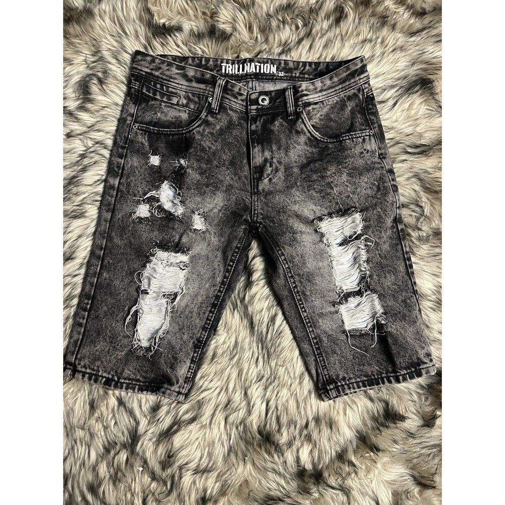 TRILLNATION Acid-Washed Distressed Denim Shorts Men 32